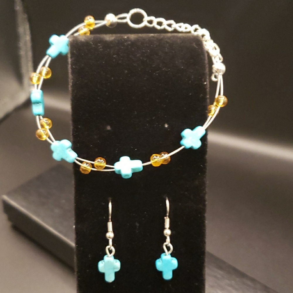 Turquoise Magnesite Cross Bracelet/Earring Set